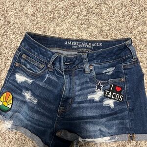 American Eagle Outfitters Dark Blue Distressed Denim Shorts with Patch Accents
